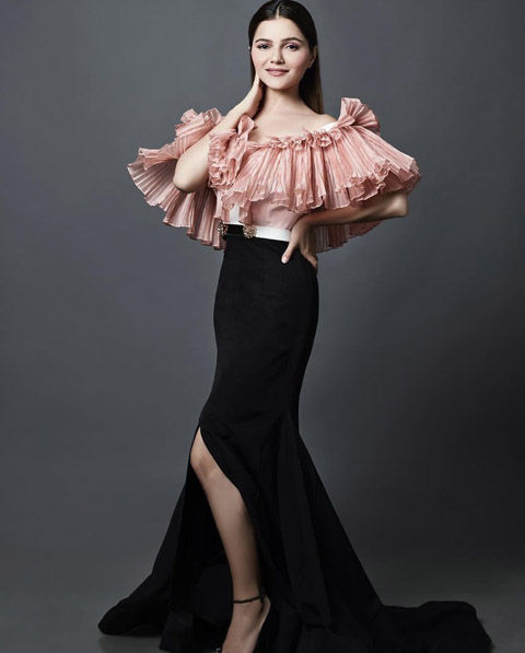 Black And Peach Pleated Ruffle Gown